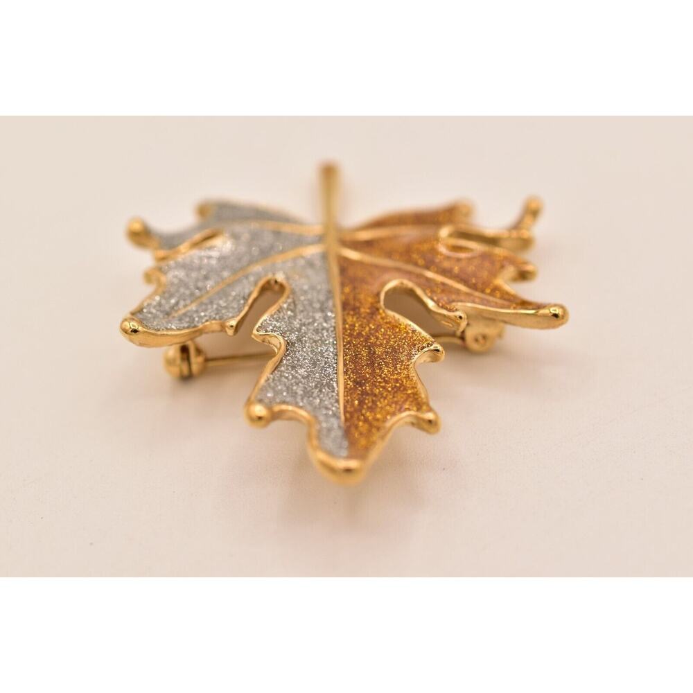 Vintage Autumn Fall Glitter Enamel Leaf Pin Brooch Silver Gold NOS 1990s BinA18 - Picture 9 of 12